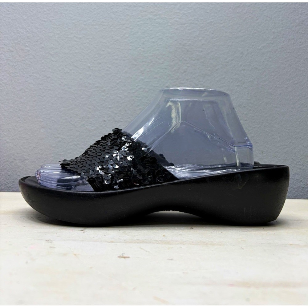Robert Clergerie Black Sequin Wedge Slide Slip On Sandals Size 9.5